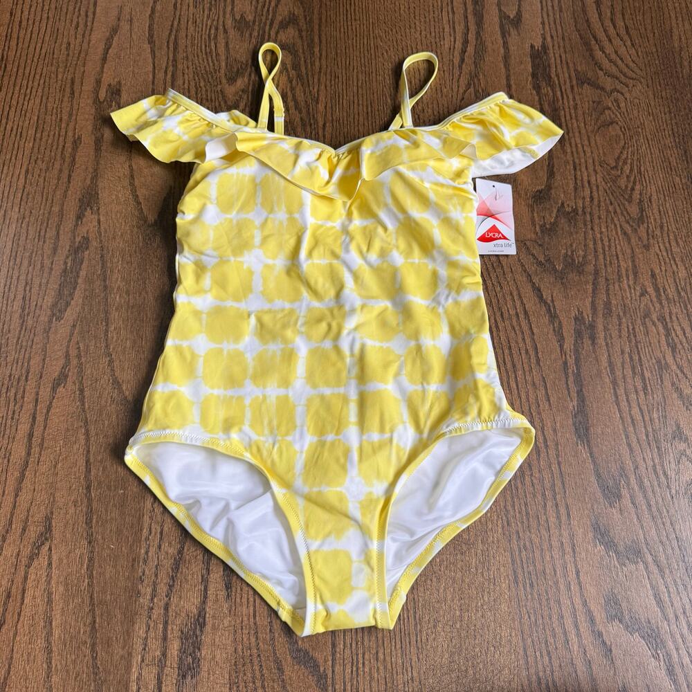 Lands End Womens Yellow White Ruffled Off Shoulder One Piece Swim Suit Size 6